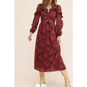 Steele Anthropologie Sahara Burgundy Floral Pleated Ruffle Midi Dress Small
